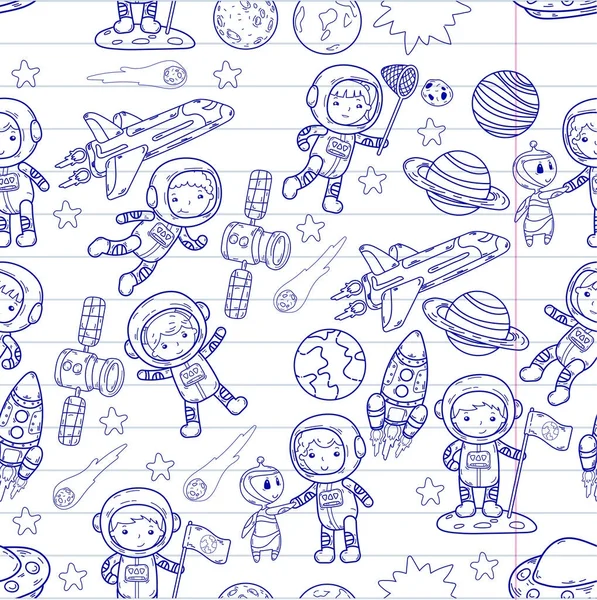 Espacio Kindergarten, escuela lección de astronomía Los niños, doodle niños ilustración Ufo, extranjero, superficie de la luna, Tierra, Júpiter, Saturno, Marte Vector iconos — Vector de stock