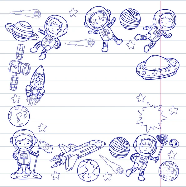 Espacio Kindergarten, escuela lección de astronomía Los niños, doodle niños ilustración Ufo, extranjero, superficie de la luna, Tierra, Júpiter, Saturno, Marte Vector iconos — Vector de stock
