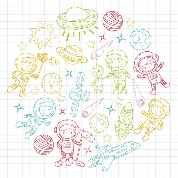 Espacio Kindergarten, escuela lección de astronomía Los niños, doodle niños ilustración Ufo, extranjero, superficie de la luna, Tierra, Júpiter, Saturno, Marte Vector iconos — Vector de stock