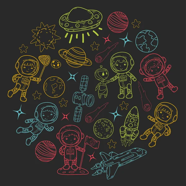 Space Kindergarten, school Astronomy lesson Children, doodle kids illustration Ufo, alien, Moon surface, Earth, Jupiter, Saturn, Mars Vector icons — Stock Vector