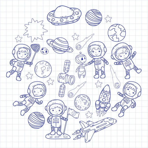 Asilo spaziale, scuola Lezione di astronomia Bambini, scarabocchio bambini illustrazione Ufo, alieno, Superficie lunare, Terra, Giove, Saturno, Marte icone vettoriali — Vettoriale Stock