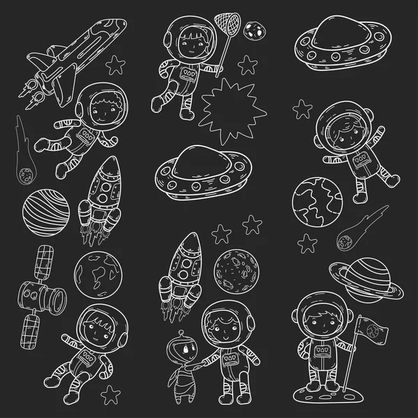 Uzay anaokulu, astronomi dersi çocuk okul, çocuklar illüstrasyon Ufo, yaratık, ay yüzeyi, dünya, Jüpiter, Satürn, Mars vektör doodle simgeler — Stok Vektör