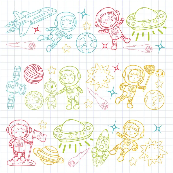 Miejsce przedszkola, Szkoła lekcji astronomii dzieci, doodle dzieci ilustracja Ufo, obcy, powierzchnia księżyca, Ziemia, Jowisz, Saturn, Mars wektor ikony — Wektor stockowy
