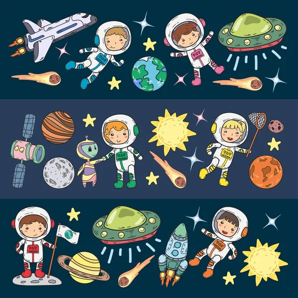 Hely óvoda, iskola csillagászat lecke gyermekek, gyerekek illusztráció Ufo, idegen, a Hold felszínén, a föld, a Jupiter, a Szaturnusz, Mars vektor doodle ikonok — Stock Vector