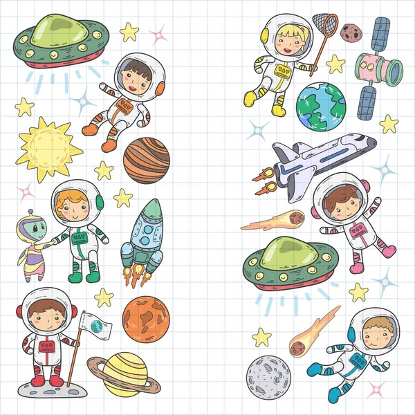 Jardim de Infância Espacial, escola Aula de Astronomia Crianças, doodle kids ilustração Ufo, alienígena, superfície da Lua, Terra, Júpiter, Saturno, Ícones do Vetor de Marte — Vetor de Stock
