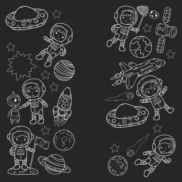 Espacio Kindergarten, escuela lección de astronomía Los niños, doodle niños ilustración Ufo, extranjero, superficie de la luna, Tierra, Júpiter, Saturno, Marte Vector iconos — Archivo Imágenes Vectoriales