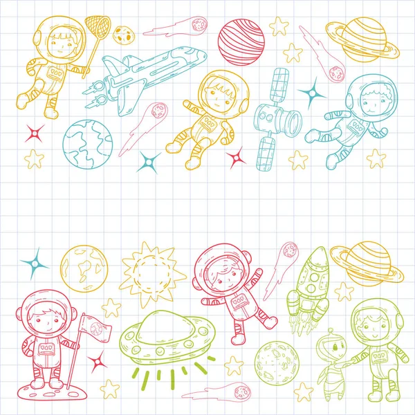 Uzay anaokulu, astronomi dersi çocuk okul, çocuklar illüstrasyon Ufo, yaratık, ay yüzeyi, dünya, Jüpiter, Satürn, Mars vektör doodle simgeler — Stok Vektör