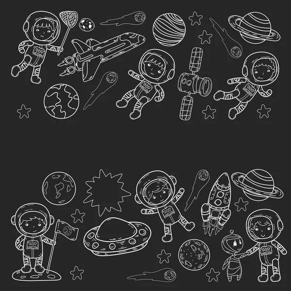 Espacio Kindergarten, escuela lección de astronomía Los niños, doodle niños ilustración Ufo, extranjero, superficie de la luna, Tierra, Júpiter, Saturno, Marte Vector iconos — Archivo Imágenes Vectoriales