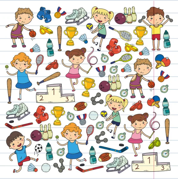 Niños y niñas jugando deportes ilustración Fitness, fútbol, fútbol, yoga, tenis, baloncesto, hockey, voleibol — Vector de stock