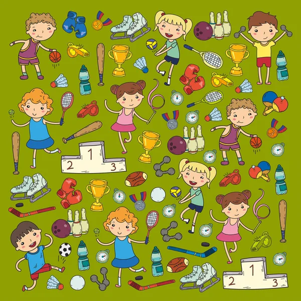 Хлопчики та дівчатка грають у спортивну ілюстрацію Фітнес, футбол, футбол, йога, теніс, баскетбол, хокей, волейбол — стоковий вектор