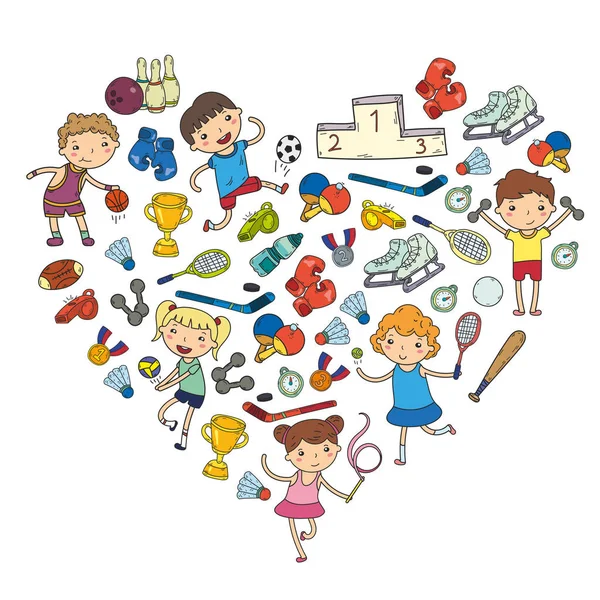 Niños y niñas jugando deportes ilustración Fitness, fútbol, fútbol, yoga, tenis, baloncesto, hockey, voleibol — Archivo Imágenes Vectoriales