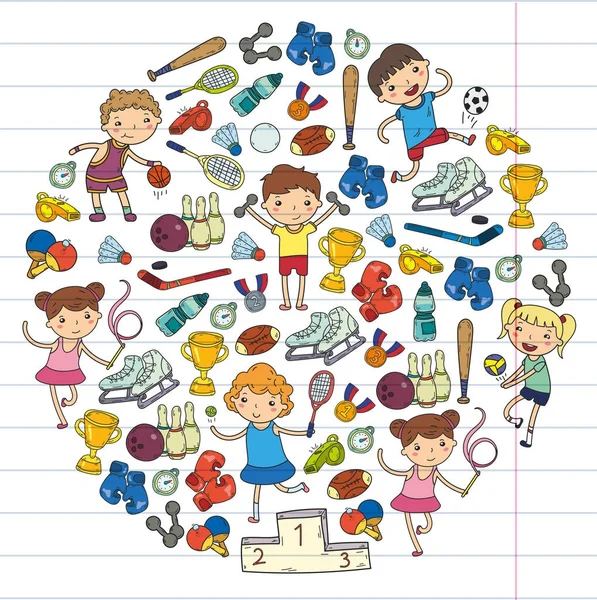 Niños y niñas jugando deportes ilustración Fitness, fútbol, fútbol, yoga, tenis, baloncesto, hockey, voleibol — Archivo Imágenes Vectoriales