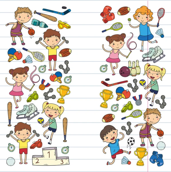 Хлопчики та дівчатка грають у спортивну ілюстрацію Фітнес, футбол, футбол, йога, теніс, баскетбол, хокей, волейбол — стоковий вектор