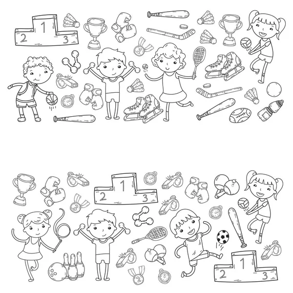 Niños y niñas jugando deportes ilustración Fitness, fútbol, fútbol, yoga, tenis, baloncesto, hockey, voleibol — Archivo Imágenes Vectoriales