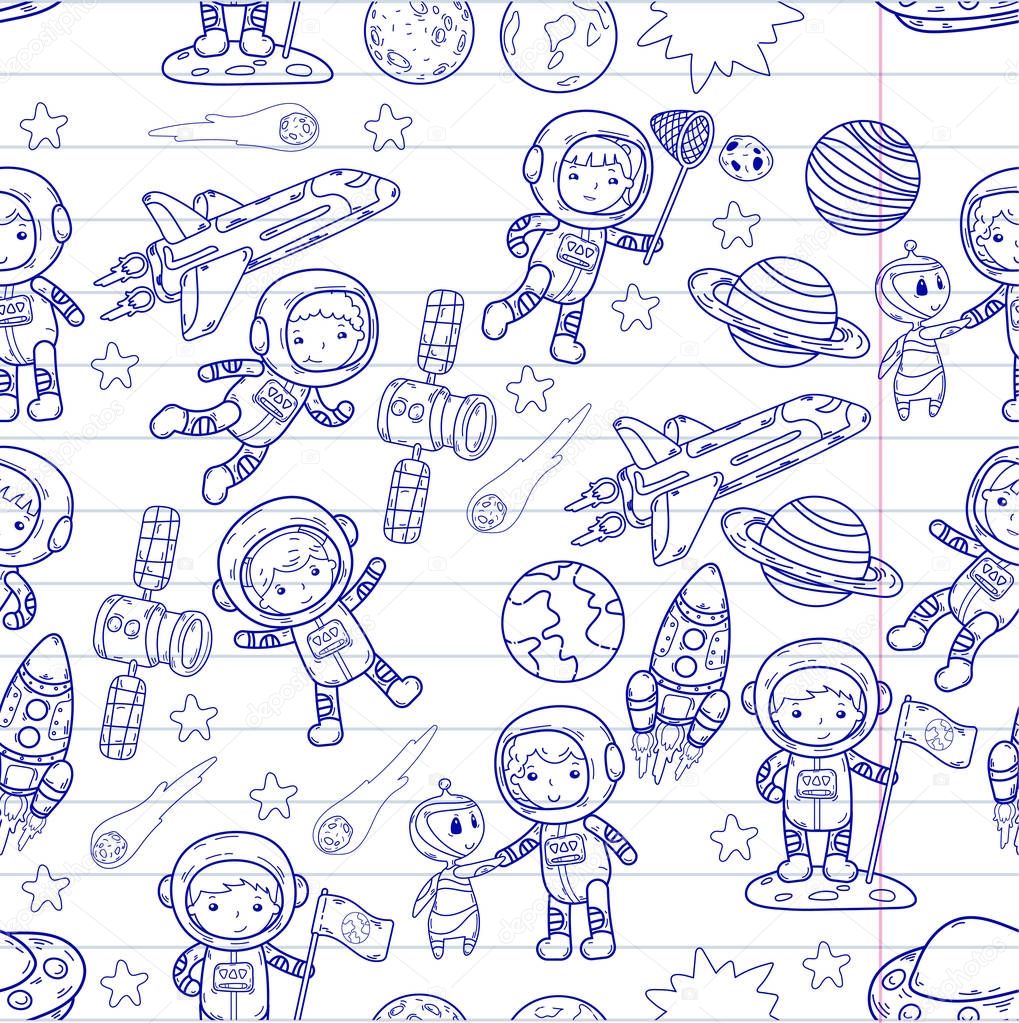 Space Kindergarten, school Astronomy lesson Children, doodle kids illustration Ufo, alien, Moon surface, Earth, Jupiter, Saturn, Mars Vector icons