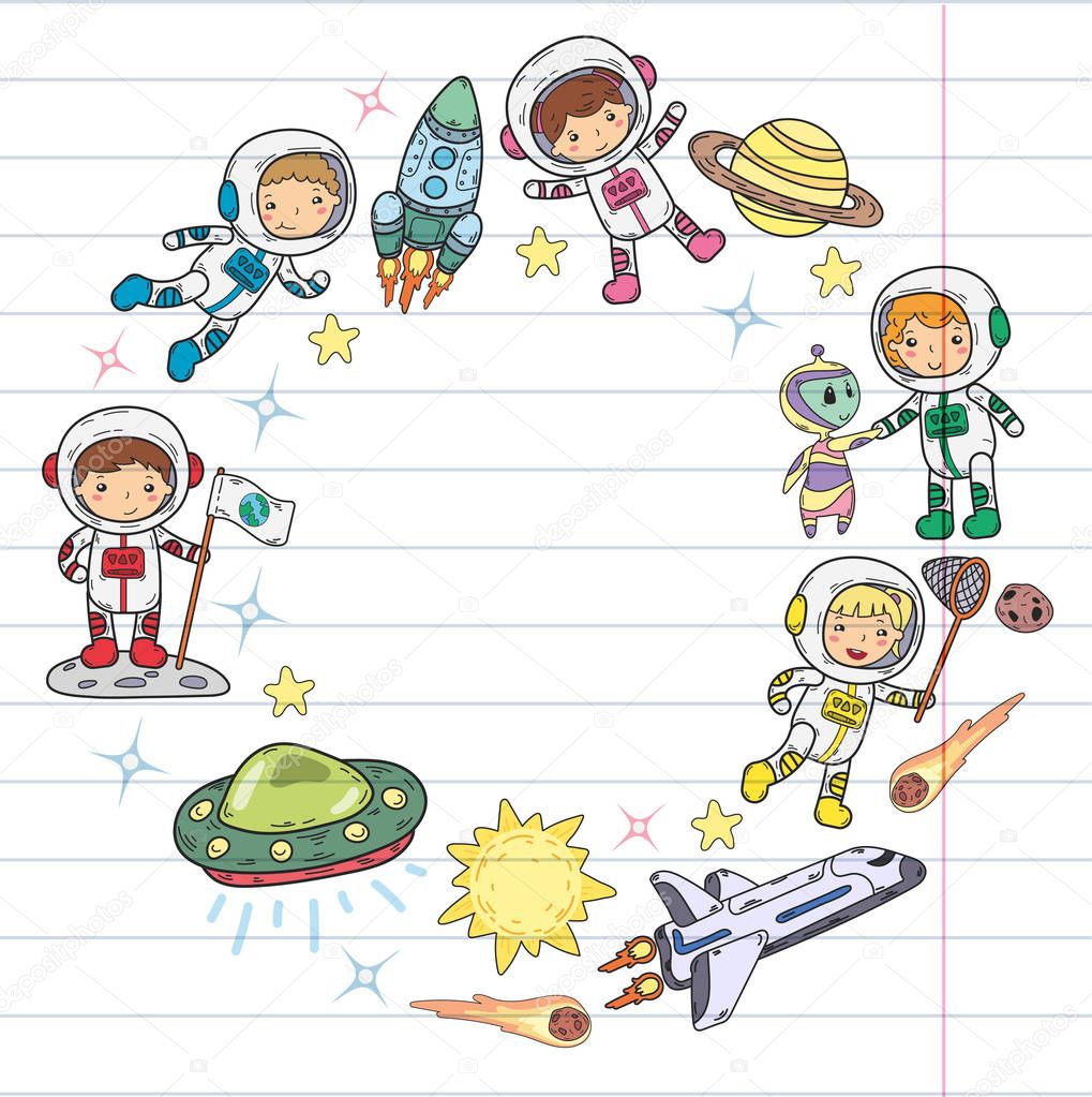 Space Kindergarten, school Astronomy lesson Children, doodle kids illustration Ufo, alien, Moon surface, Earth, Jupiter, Saturn, Mars Vector icons