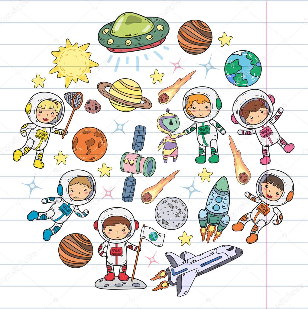 Space Kindergarten, school Astronomy lesson Children, doodle kids illustration Ufo, alien, Moon surface, Earth, Jupiter, Saturn, Mars Vector icons