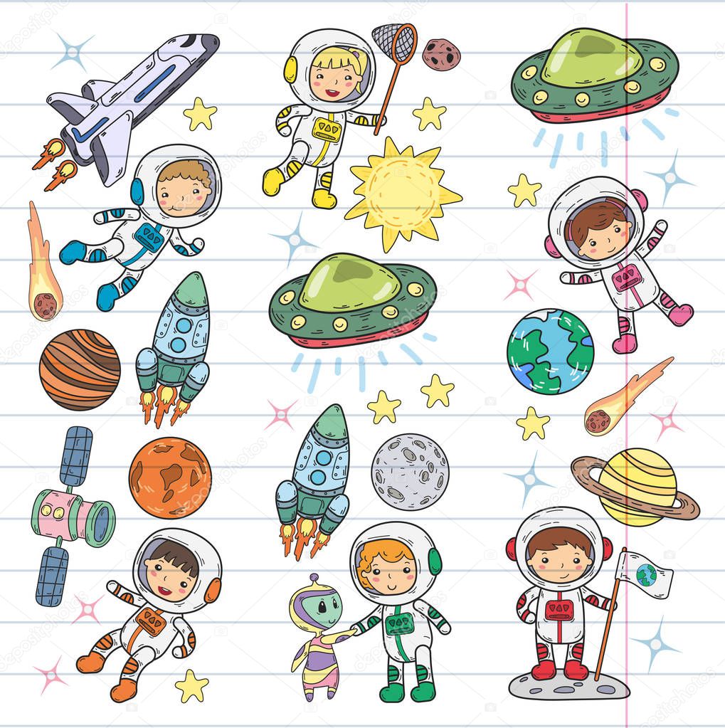 Space Kindergarten, school Astronomy lesson Children, doodle kids illustration Ufo, alien, Moon surface, Earth, Jupiter, Saturn, Mars Vector icons