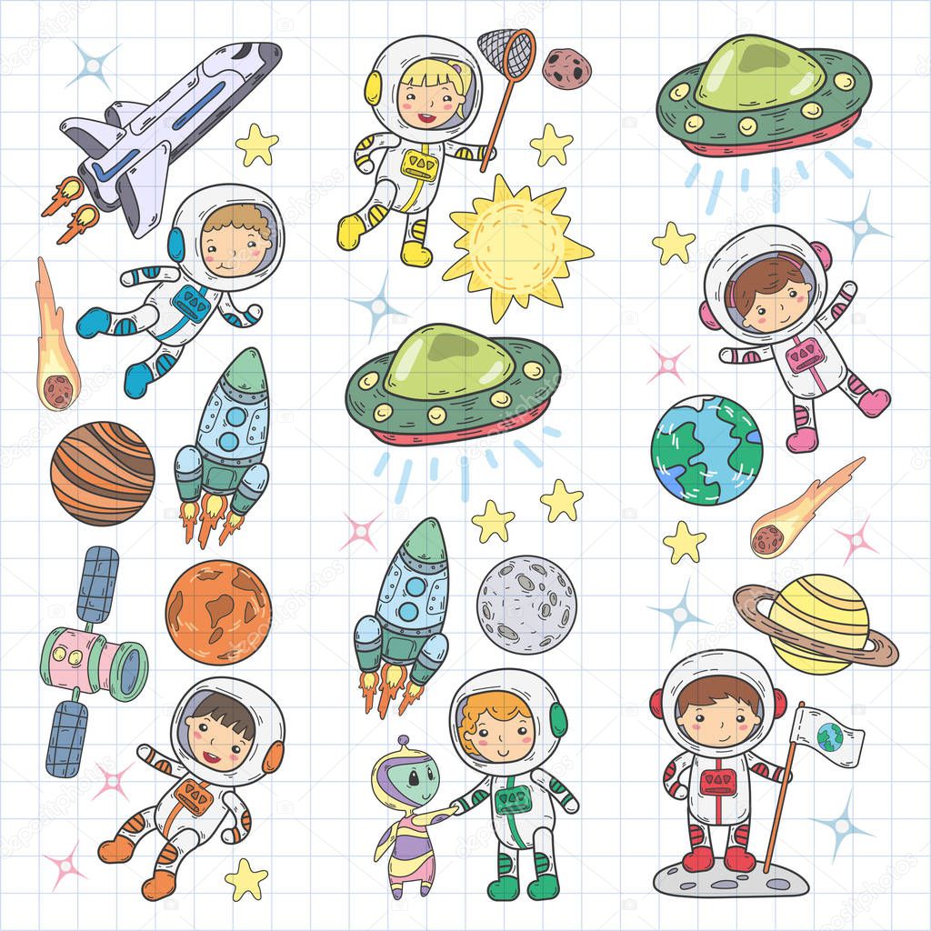 Space Kindergarten, school Astronomy lesson Children, doodle kids illustration Ufo, alien, Moon surface, Earth, Jupiter, Saturn, Mars Vector icons