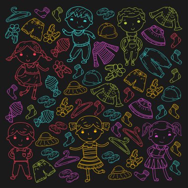 Alt kümesini giyim. Vektör simgeler. Anaokulu. Çocuk odası. Atelier. Okul giyim. Giyim yaz. Çocuklar mağaza desen