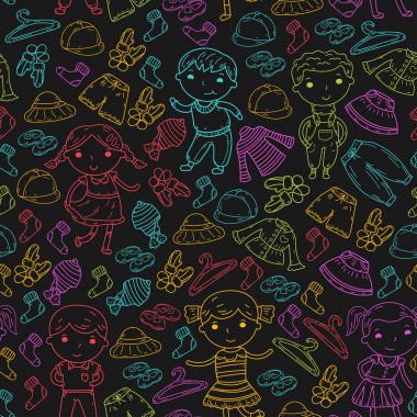 Alt kümesini giyim. Vektör simgeler. Anaokulu. Çocuk odası. Atelier. Okul giyim. Giyim yaz. Çocuklar mağaza seamless modeli