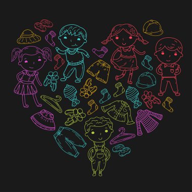 Alt kümesini giyim. Vektör simgeler. Anaokulu. Çocuk odası. Atelier. Okul giyim. Giyim yaz. Çocuk mağazası