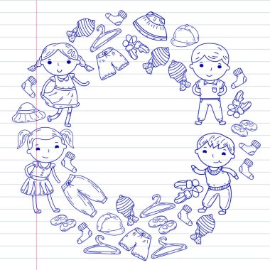 Alt kümesini giyim. Vektör simgeler. Anaokulu. Çocuk odası. Atelier. Okul giyim. Giyim yaz. Çocuk mağazası