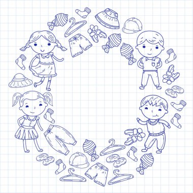 Alt kümesini giyim. Vektör simgeler. Anaokulu. Çocuk odası. Atelier. Okul giyim. Giyim yaz. Çocuk mağazası