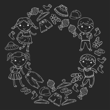 Alt kümesini giyim. Vektör simgeler. Anaokulu. Çocuk odası. Atelier. Okul giyim. Giyim yaz. Çocuk mağazası