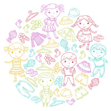 Alt kümesini giyim. Vektör simgeler. Anaokulu. Çocuk odası. Atelier. Okul giyim. Giyim yaz. Çocuk mağazası