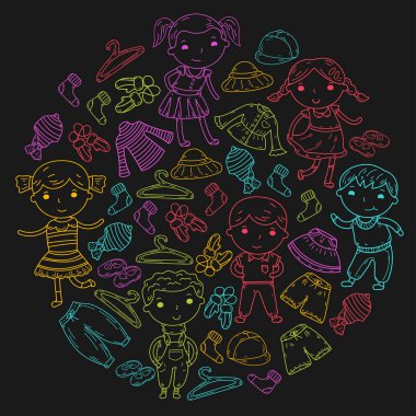 Alt kümesini giyim. Vektör simgeler. Anaokulu. Çocuk odası. Atelier. Okul giyim. Giyim yaz. Çocuk mağazası