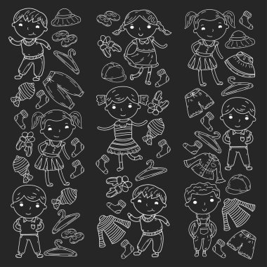 Alt kümesini giyim. Vektör simgeler. Anaokulu. Çocuk odası. Atelier. Okul giyim. Giyim yaz. Çocuk mağazası