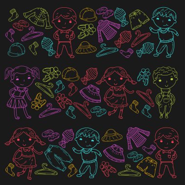 Alt kümesini giyim. Vektör simgeler. Anaokulu. Çocuk odası. Atelier. Okul giyim. Giyim yaz. Çocuk mağazası