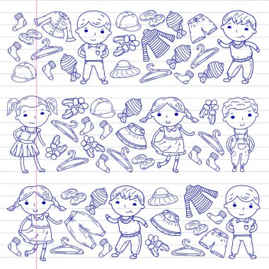 Alt kümesini giyim. Vektör simgeler. Anaokulu. Çocuk odası. Atelier. Okul giyim. Giyim yaz. Çocuk mağazası