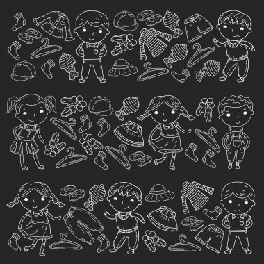 Alt kümesini giyim. Vektör simgeler. Anaokulu. Çocuk odası. Atelier. Okul giyim. Giyim yaz. Çocuk mağazası