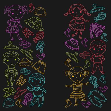 Alt kümesini giyim. Vektör simgeler. Anaokulu. Çocuk odası. Atelier. Okul giyim. Giyim yaz. Çocuk mağazası