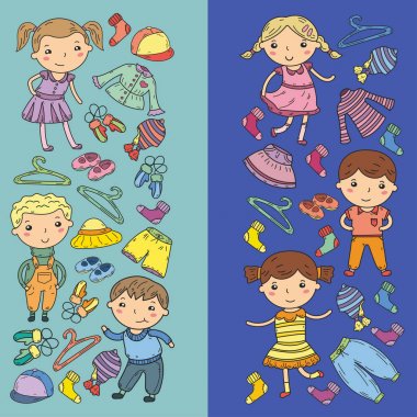 Alt kümesini giyim. Vektör simgeler. Anaokulu. Çocuk odası. Atelier. Okul giyim. Giyim yaz. Çocuk mağazası