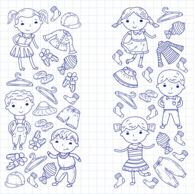 Alt kümesini giyim. Vektör simgeler. Anaokulu. Çocuk odası. Atelier. Okul giyim. Giyim yaz. Çocuk mağazası
