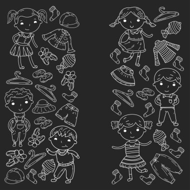 Alt kümesini giyim. Vektör simgeler. Anaokulu. Çocuk odası. Atelier. Okul giyim. Giyim yaz. Çocuk mağazası