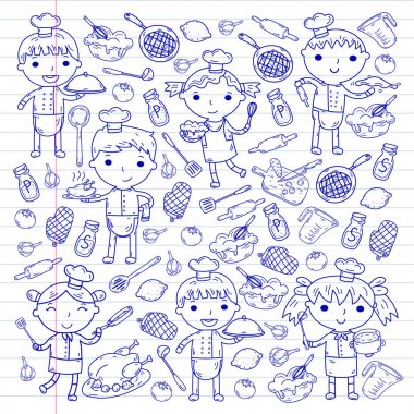 Beyaz arka planda mutfak çocuk yemek pişirme dersleri çocuklar sevimli çocuklar Şef