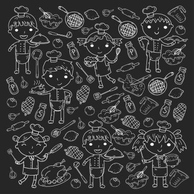 Beyaz arka planda mutfak çocuk yemek pişirme dersleri çocuklar sevimli çocuklar Şef