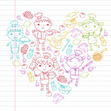 Beyaz arka planda mutfak çocuk yemek pişirme dersleri çocuklar sevimli çocuklar Şef