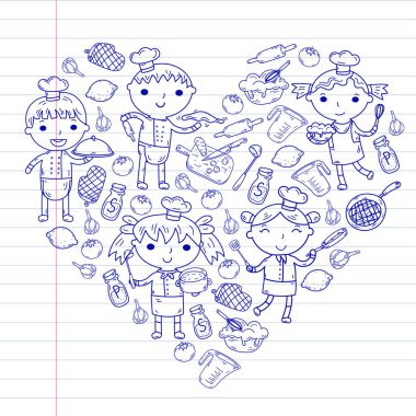 Beyaz arka planda mutfak çocuk yemek pişirme dersleri çocuklar sevimli çocuklar Şef