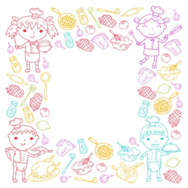 Beyaz arka planda mutfak çocuk yemek pişirme dersleri çocuklar sevimli çocuklar Şef