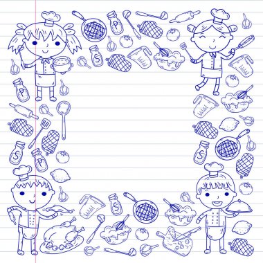 Beyaz arka planda mutfak çocuk yemek pişirme dersleri çocuklar sevimli çocuklar Şef