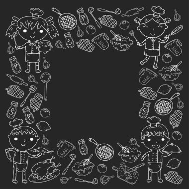 Beyaz arka planda mutfak çocuk yemek pişirme dersleri çocuklar sevimli çocuklar Şef