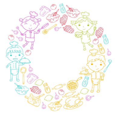 Beyaz arka planda mutfak çocuk yemek pişirme dersleri çocuklar sevimli çocuklar Şef