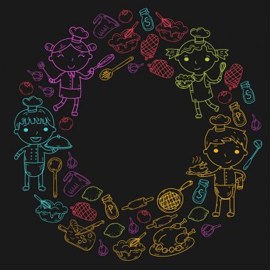 Beyaz arka planda mutfak çocuk yemek pişirme dersleri çocuklar sevimli çocuklar Şef