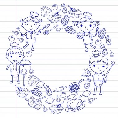 Beyaz arka planda mutfak çocuk yemek pişirme dersleri çocuklar sevimli çocuklar Şef