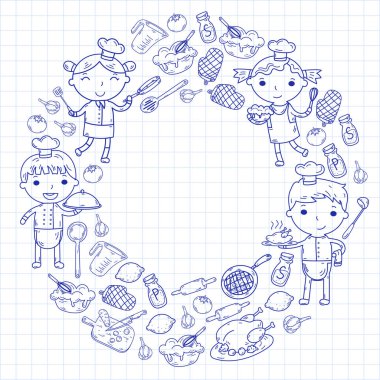 Beyaz arka planda mutfak çocuk yemek pişirme dersleri çocuklar sevimli çocuklar Şef